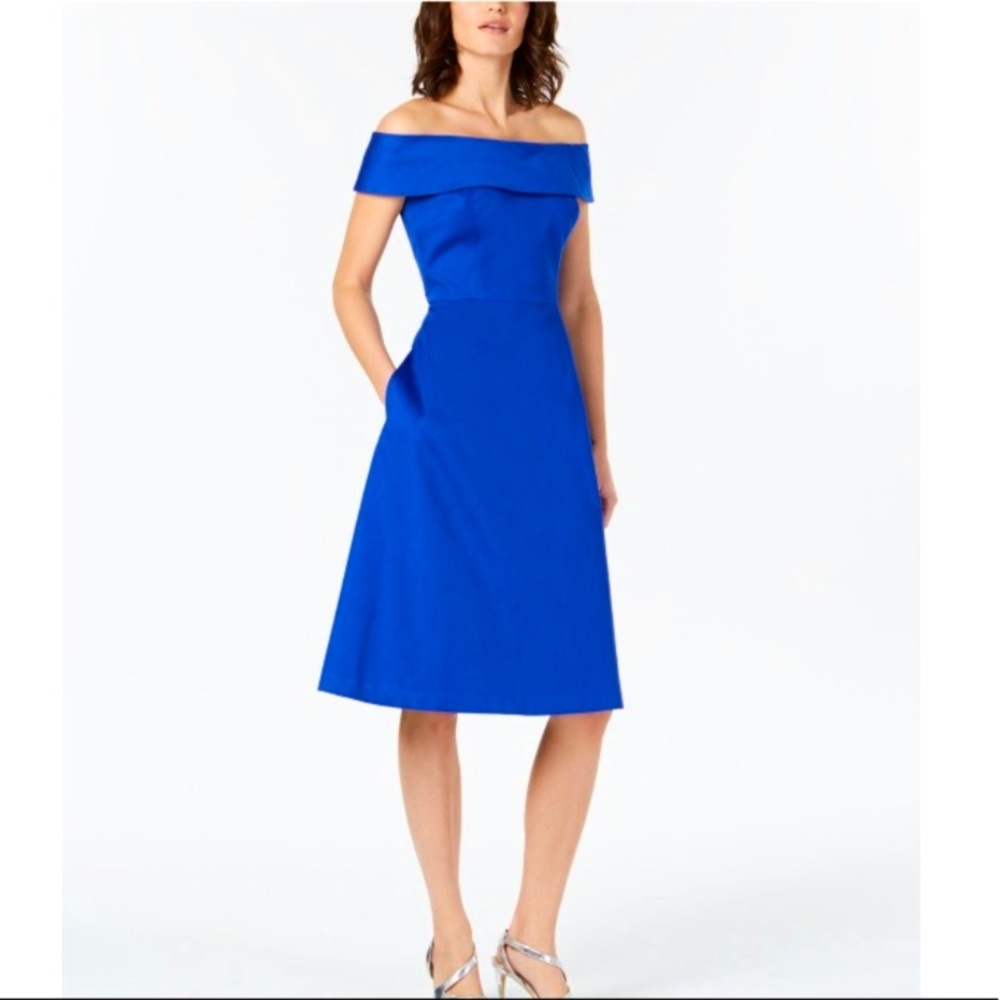Calvin Klein Royal Blue off the shoulder fit and flare dress pockets